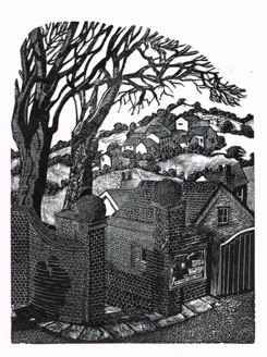 The gatehouse tryst wood engraving by Michael Atkin